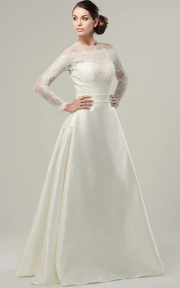 A-Line High Neck Long-Sleeve Satin Wedding Dress With Illusion