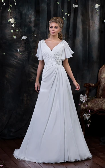 A-Line Floor-Length V-Neck Poet-Sleeve Corset-Back Chiffon Dress With Side Draping And Flower