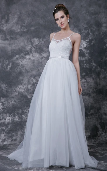 Sleeveless V-neck A-line Tulle Gown With Lace Bodice