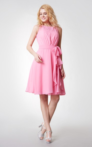 Feminine a Line Bateau Knee Length Chiffon Dress With Sash