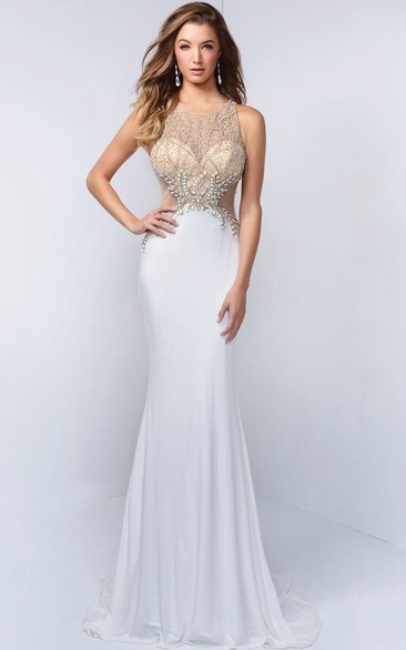 Sheath Scoop-Neck Sleeveless Jersey Illusion Dress With Beading