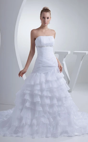 Noble Strapless Ruched A-Line Tiered A-Line Dress With Beading and Chapel Train