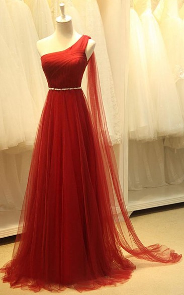 One-shoulder A-lien Beading Long Tulle Dress