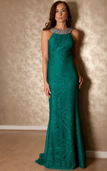 Beaded High Neck Sleeveless Lace Prom Dress With Brush Train