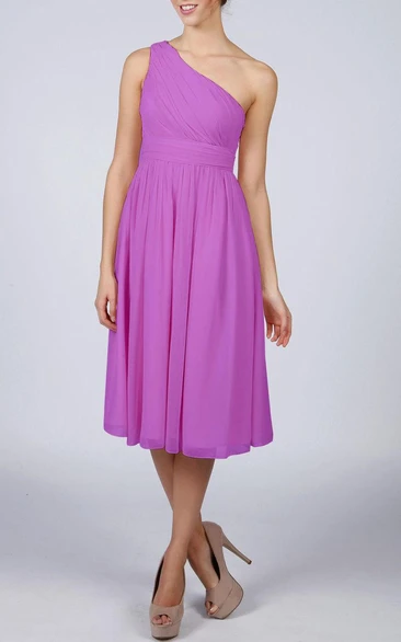 One Shoulder A-line Chiffon Knee Length Dress With Bandage Lilac