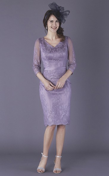 Satin 3/4 Illusion Sleeve Knee Length Pencil Mother Of The Bride Dress