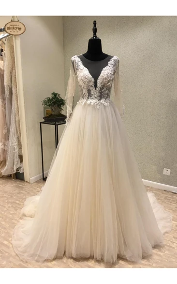 Elegant Tulle Floor-Length Plunging-Neck Illusion Deep-V Back A-Line Wedding Dress For Reception