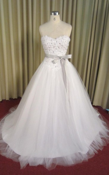 Tulle A-Line Sweetheart Ball Gown With Crystal Detailing and Bow Sash