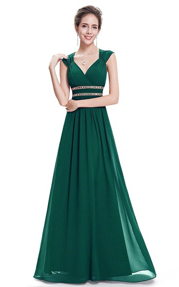 V-neck A-line Floor-length Chiffon Dress with Keyhole Back