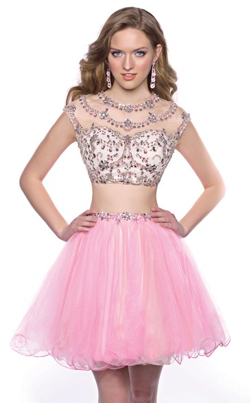 Cap Sleeve Two-Piece Mini Homecoming Dress With Jeweled Top And Tulle Skirt