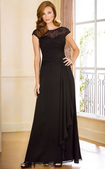 Cap-Sleeved A-Line Mother Of The Bride Dress With Ruffles And Illusion Back