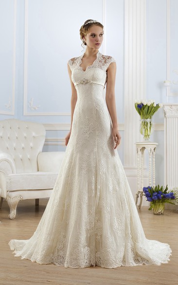 A-Line Floor-Length V-Neck Cap-Sleeve Keyhole Lace Dress With Appliques