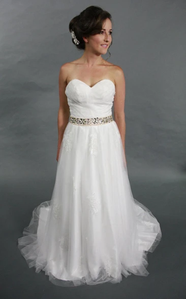 Sweetheart A-Line Tulle Gown With Rhinestoned Waistbelt and Back Bow