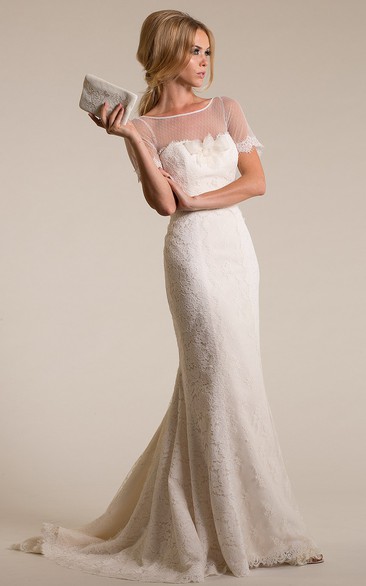 Sheath Short-Sleeve Scoop-Neck Lace Wedding Dress With Flower And Deep-V Back