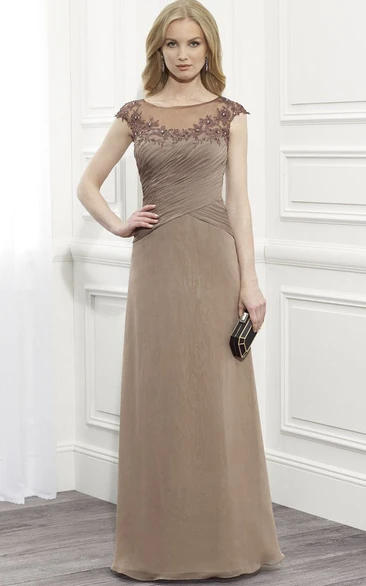 A-Line Long Appliqued Scoop Cap-Sleeve Chiffon Formal Dress With Illusion Back And Ruching