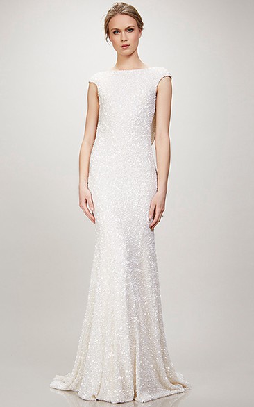 Bateau Long Beaded Jersey Wedding Dress With Sweep Train And V Back