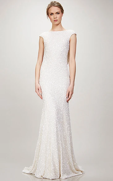 Bateau Long Beaded Jersey Wedding Dress With Sweep Train And V Back