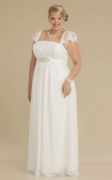 Sheath Square-Neck Ruched Empire Cap-Sleeve Chiffon Plus Size Wedding Dress With Waist Jewellery