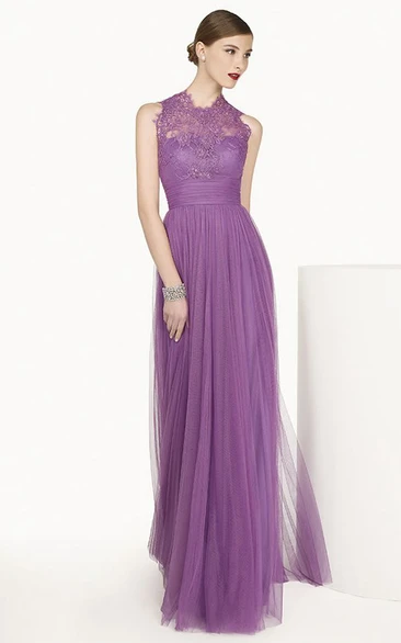 Lace High Neck Sleeveless A-Line Tulle Long Prom Dress With Bandage