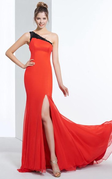 One-Shoulder Mermaid Appliques Sequins Split-Front Prom Dress