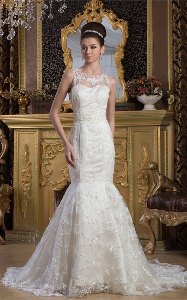 Sleeveless Lace Mermaid Dress With Illusion Neckline