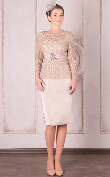 Knee-Length Pencil Appliqued Bateau Neck Long Sleeve Satin Mother Of The Bride Dress