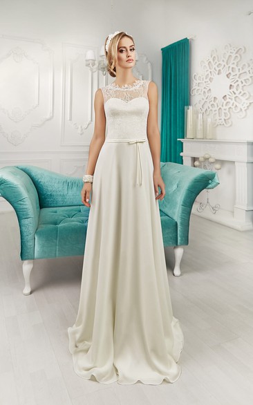 High Neck Sleeveless A-line Satin Chiffon Wedding Dress With Lace Bodice