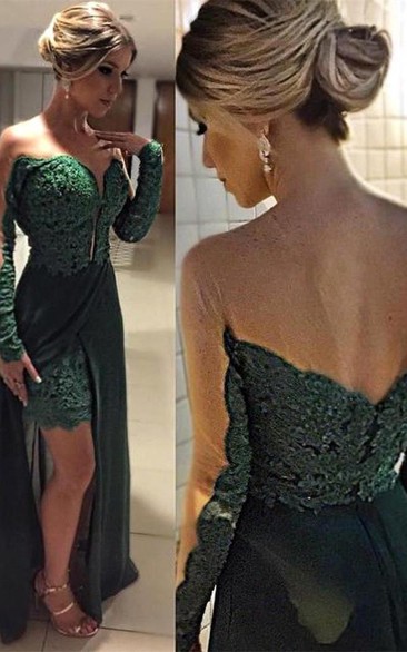 Elegant Long Sleeve Green Evening Dresses Skirt Long Lace Appliques