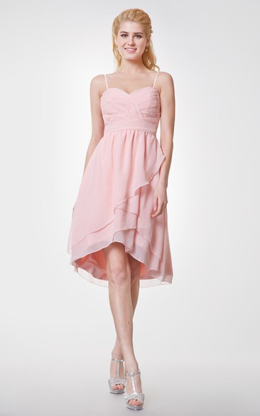 Spaghetti Straps Crisscross Bodice Empire Chiffon High Low Dress