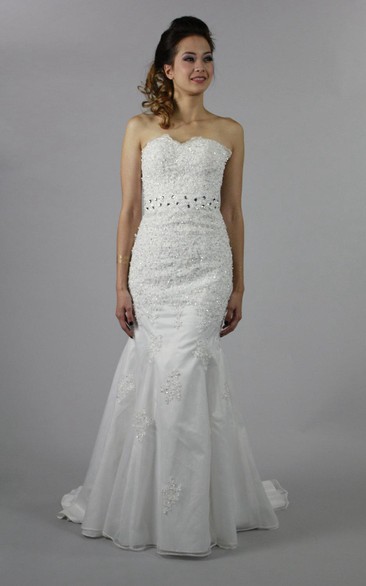 Strapless Mermaid Lace Dress With Rhinestones and Lace-Up Back