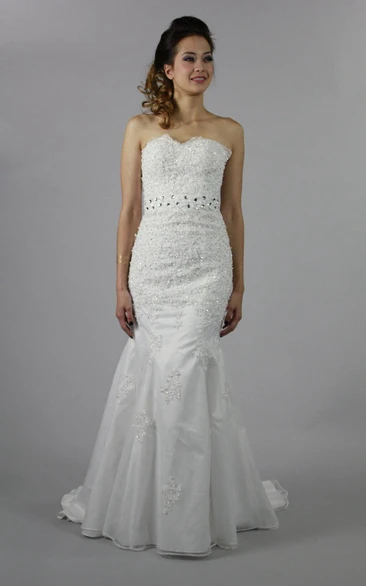 Strapless Mermaid Lace Dress With Rhinestones and Lace-Up Back