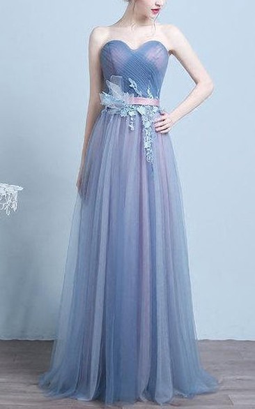 Blue Vintage Tulle Lace-up Dress with Flower