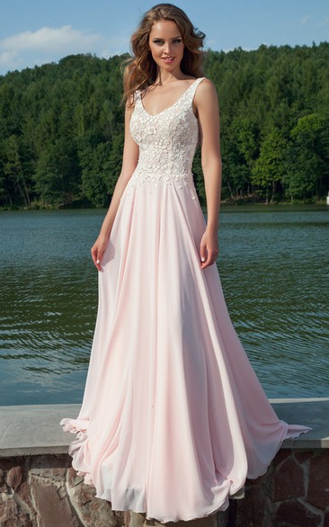 Sheath V-Neck Appliqued Sleeveless Floor-Length Chiffon Prom Dress