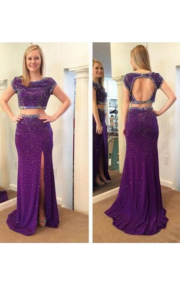 Short Sleeves Sheath Scoop Beading Split-Front Floor-Length Prom Dress