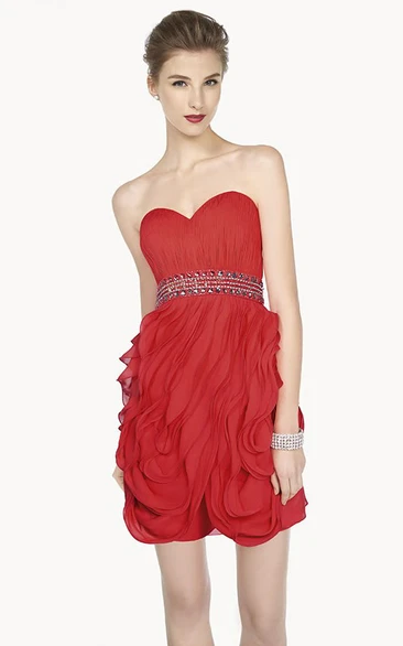 Sweetheart Sheath Mini Prom Dress With Crystal Sash And Ruffles