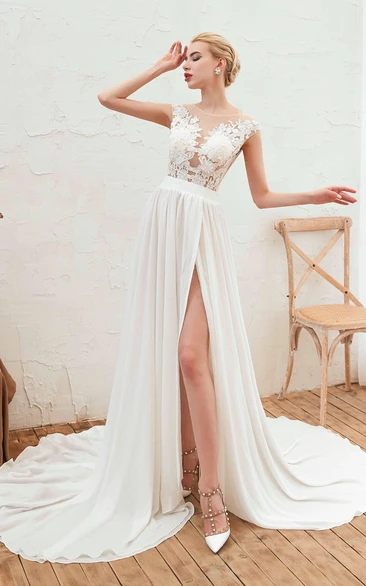 Illusion Lace Appliqued Cap Sleeve Elegant A-line Split Front Chiffon Bridal Gown