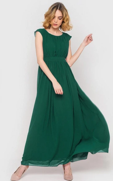 Scoop Neck Cap Sleeve Pleated A-line Chiffon Ankle Length Dress Forest Green
