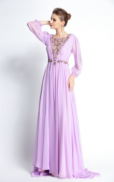 A-Line Floor-length Sweep Brush Train Bateau Chiffon Long Sleeve Prom Dress with Beading and Pleats