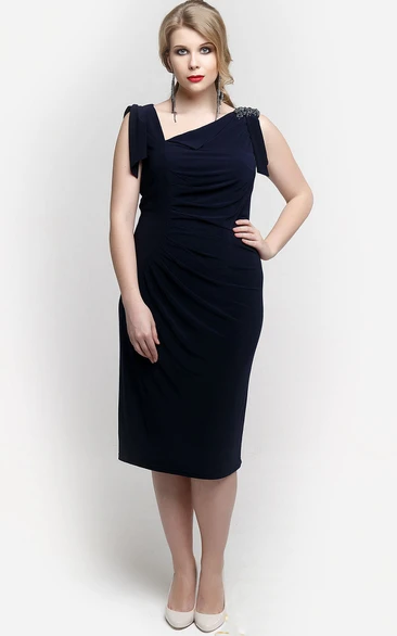 Asymmetric Neck Sheath Jersey Knee Length Dress With Applique