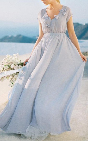 Gentle Grey Wedding With Floral Decoration Romantic Wedding Gown Chiffon Wedding Of Grey Color Dress