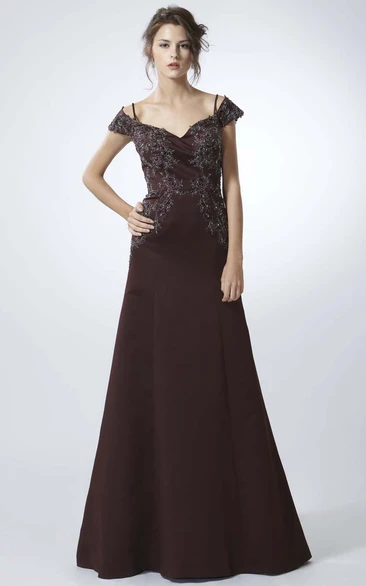 A-Line Appliqued Spaghetti Cap-Sleeve Floor-Length Chiffon Prom Dress With Low-V Back