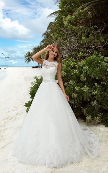 A-Line Floor-Length Jewel-Neck Sleeveless Deep-V-Back Organza Dress With Sash And Appliques