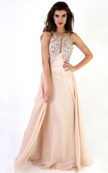 Maxi Sleeveless Scoop Neck Beaded Chiffon Backless Prom Dress