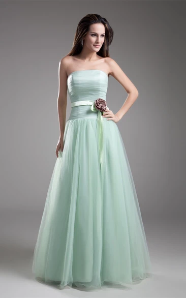 Strapless A-Line Chiffon Flower and Gown With Pleats