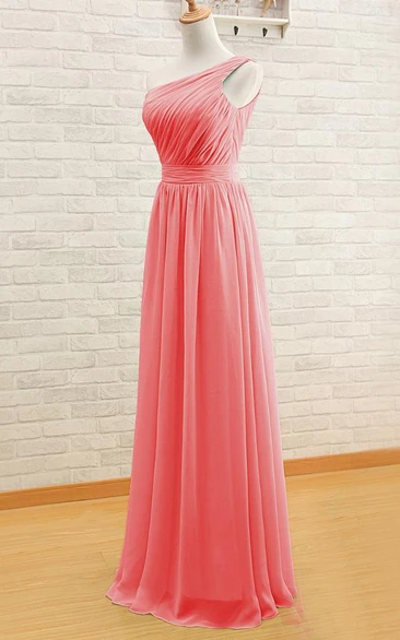 Floor-length One-shoulder Pleats Chiffon Dress