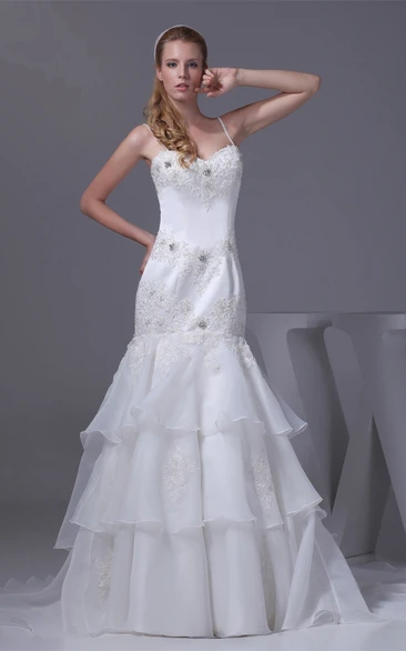 Spaghetti-Straps Appliqued Mermaid Stress and Dress With Tiers