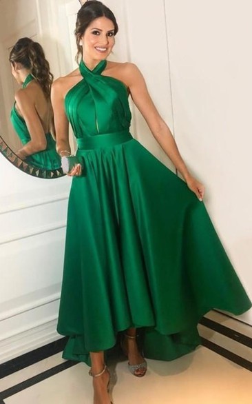 Satin Ankle-length A Line Sleeveless Casual Evening Dress with Ruffles