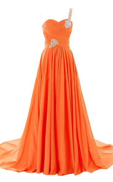 One-shoulder Sweetheart Ruched A-line Gown With Rhinestones