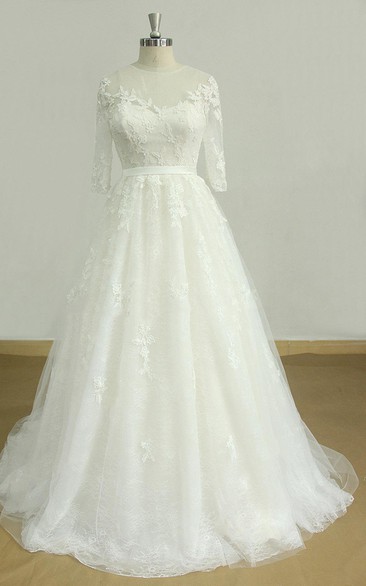 A-Line Tulle Lace Satin Dress With Beading Tiers Keyhole Back