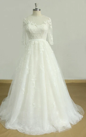 A-Line Tulle Lace Satin Dress With Beading Tiers Keyhole Back